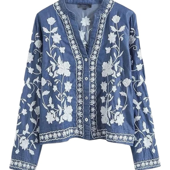 Bohemian Blue Embroidered Long Sleeve Top Jacket M - Picture 2 of 8